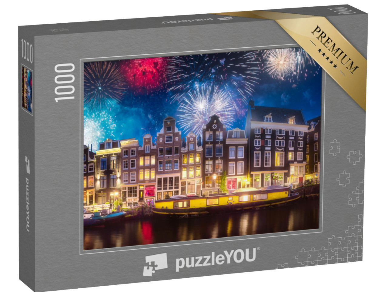 Puzzle 1000 Teile „Spektakuläres Feuerwerk über der Altstadt von Amsterdam, Niederlande“