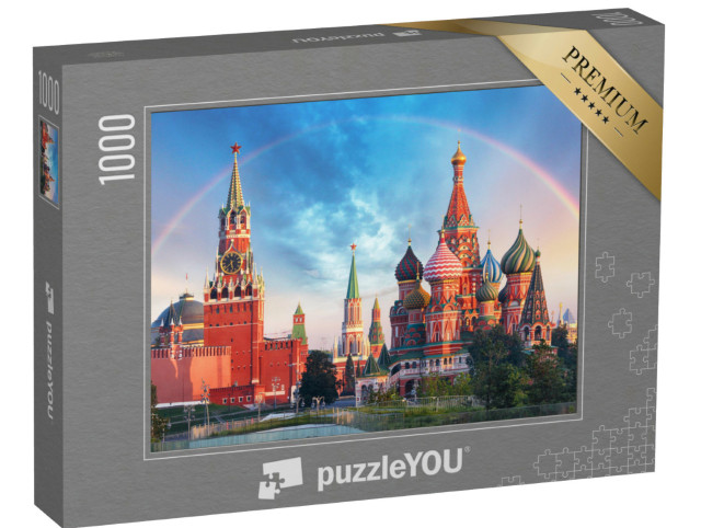Puzzle 1000 Teile „Panoramablick auf den Roten Platz mit Moskauer Kreml und Regenbogen“
