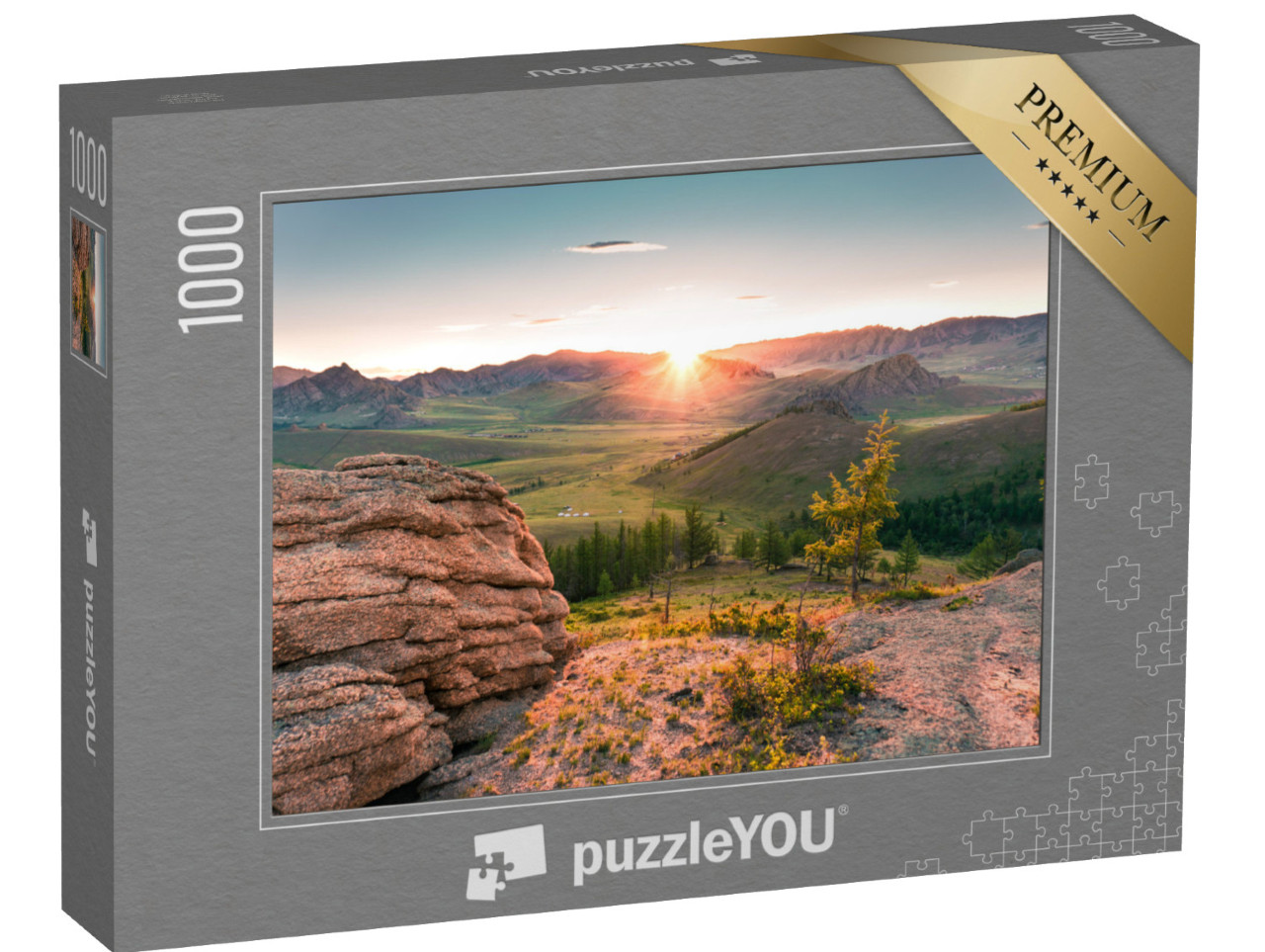 Puzzle 1000 Teile „Sonnenaufgang in der Mongolei im Gorkhi-Terelj Nationalpark“