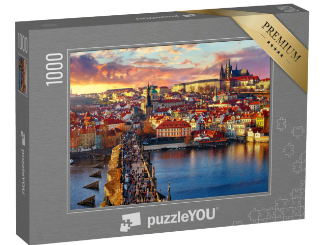 Puzzle 1000 Teile „Panoramablick von oben auf Karlsbrücke, Prager Burg und Fluss“