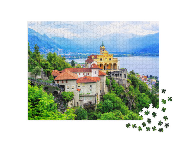 Puzzle 1000 Teile „Wunderschöne Kirche der Madonna del Sasso über dem Lago Maggiore, Schweiz“