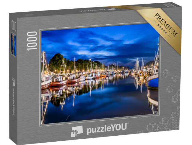 Puzzle 1000 Teile „Nachtansicht mit Schiffen und Ostsee in Warnemünde, Rostock, Deutschland“