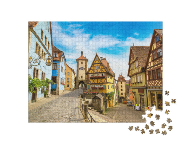 Puzzle 1000 Teile „Mittelalterliche alte Straße in Rothenburg ob der Tauber, Deutschland“