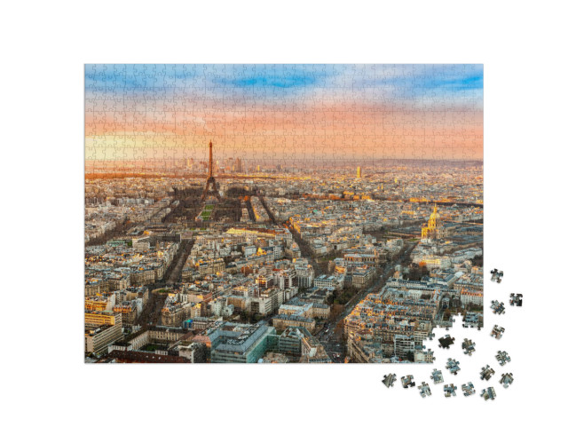 Puzzle 1000 Teile „Weitwinkelansicht von Paris bei Dämmerung, Frankreich“