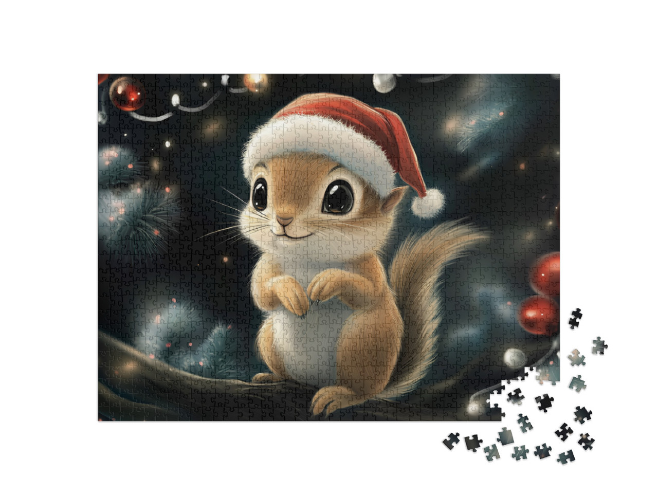 Puzzle 1000 Teile „Eichhörnchen mit Weihnachtsmütze im Weihnachtsbaum“