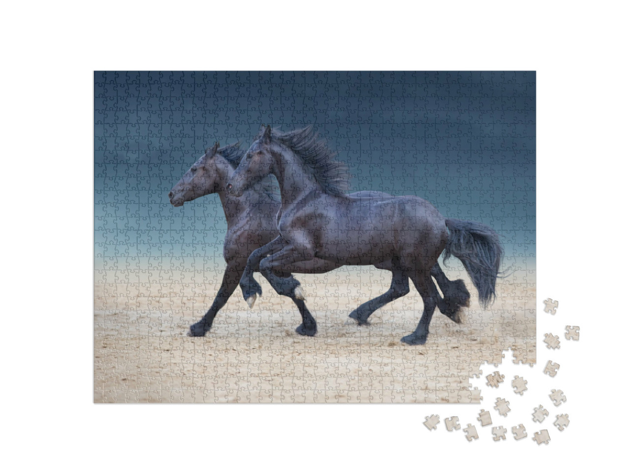 Puzzle 1000 Teile „Friesische Pferde im Galopp durch den Wüstenstaub“