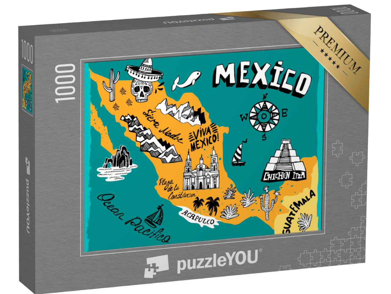 Puzzle 1000 Teile „Illustrierte Karte von Mexiko mit den wichtigsten Sehenswürdigkeiten“
