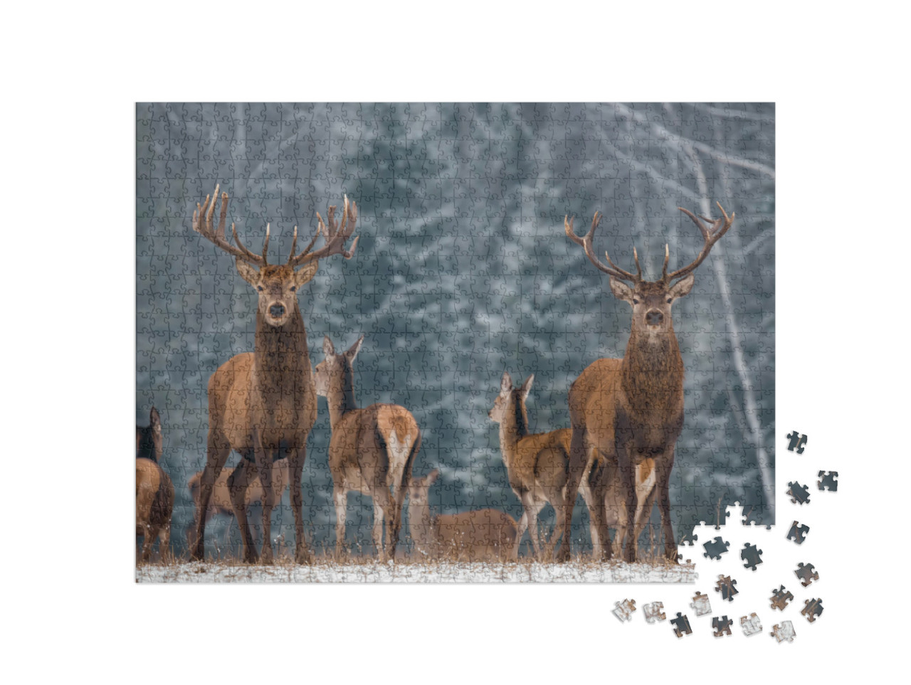 Puzzle 1000 Teile „Eine Herde von Hirschen im winterlichen Wald“