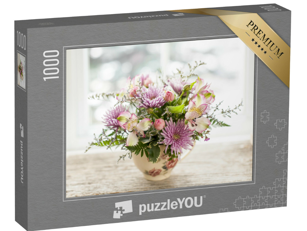 Puzzle 1000 Teile „Blumenstrauß aus bunten Blumen in kleiner Vase“