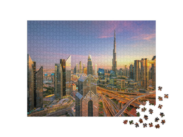 Puzzle 1000 Teile „Luxus-Wolkenkratzer bei Sonnenuntergang, Skyline von Dubai“