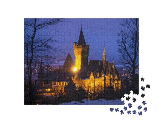 Puzzle 1000 Teile „Schloss Wernigerode bei Einbruch der Dunkelheit, Harz, Deutschland“
