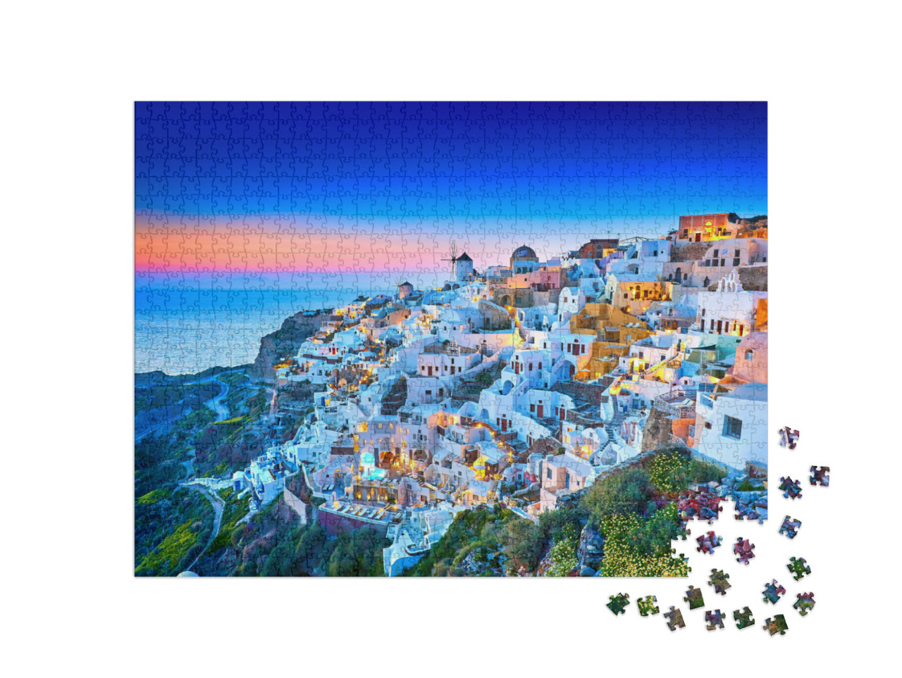 Puzzle 1000 Teile „Kirche von Santorin mit romantischem Sonnenuntergang, Griechenland“