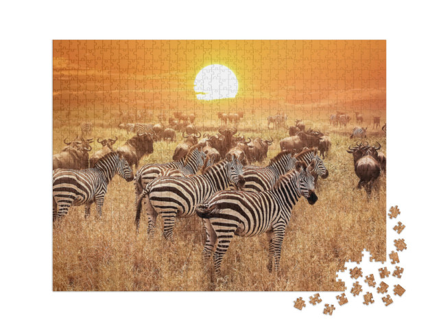 Puzzle 1000 Teile XXL „Zebra bei Sonnenuntergang im Serengeti-Nationalpark, Afrika, Tansania“