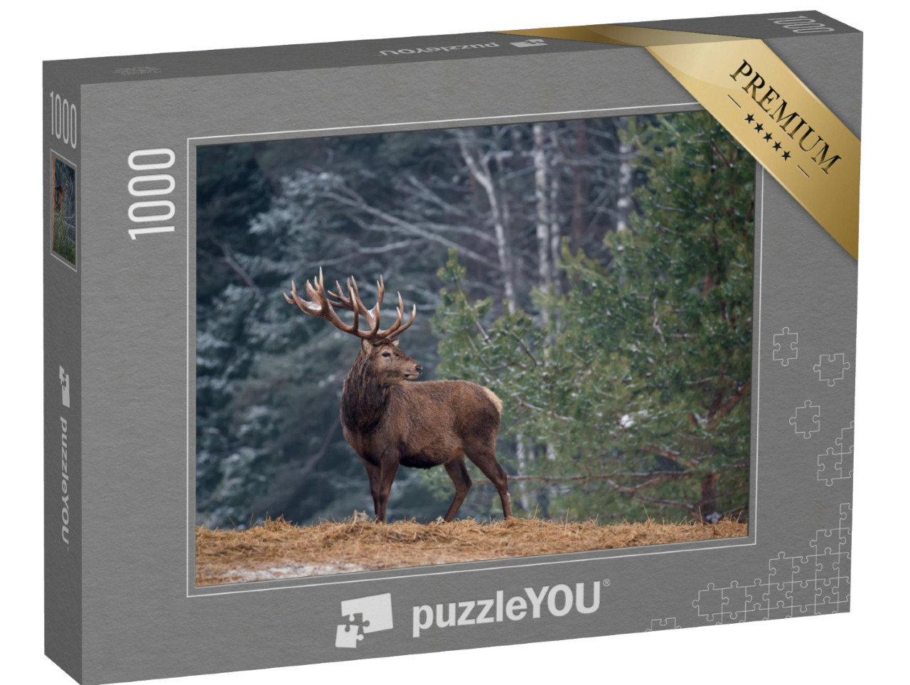 Puzzle 1000 Teile „Stolzer Hirsch mit großen Geweih, einsam im Wald“