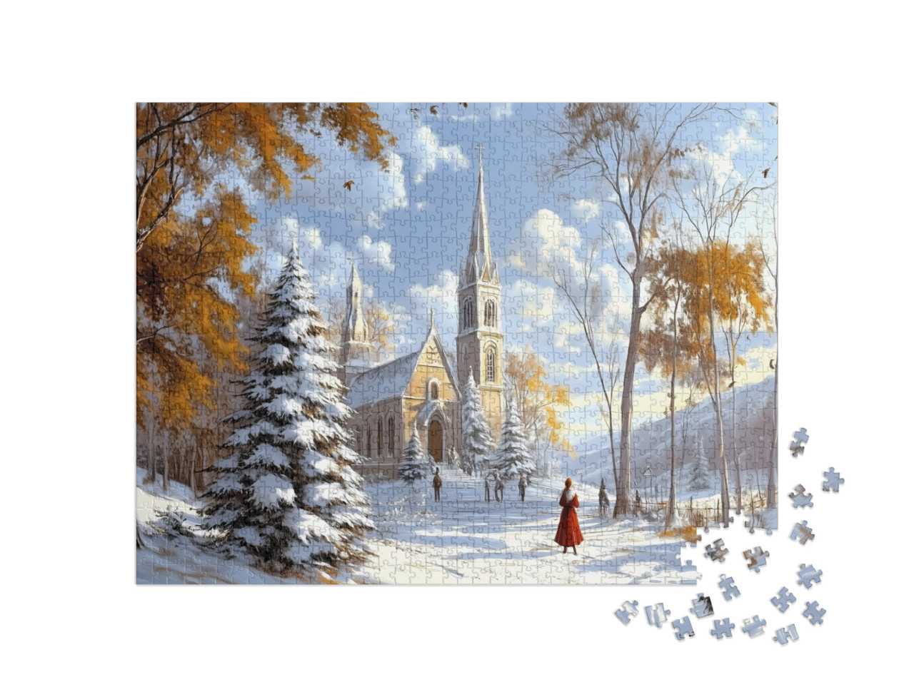 Puzzle 1000 Teile „Verschneite Kirche am Weihnachtsmorgen“