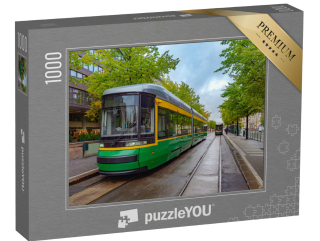 Puzzle 1000 Teile „Moderne Straßenbahn auf der Straße in Helsinki, Finnland“