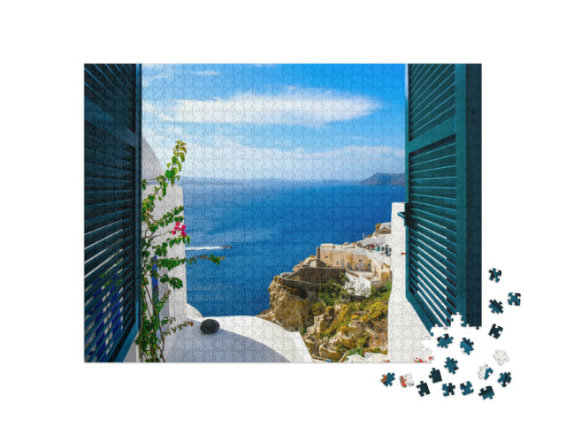 Puzzle 1000 Teile „Blick aus einem Fenster im Dorf Oia auf der Insel Santorin, Griechenland“