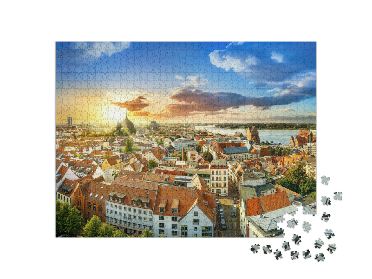 Puzzle 1000 Teile „Innenstadt von Rostock bei Sonnenuntergang, Deutschland“