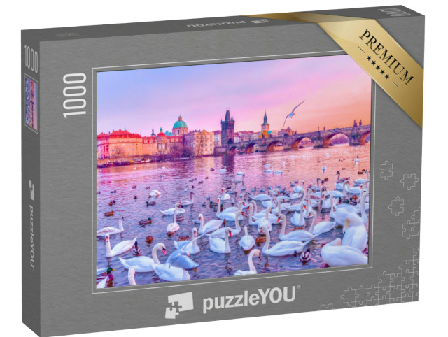 Puzzle 1000 Teile „Schwäne auf der Moldau, Sonnenuntergang in Prag“
