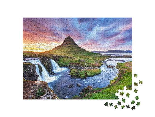 Puzzle 1000 Teile „Sonnenuntergang am Berg Kirkjufell, Island“