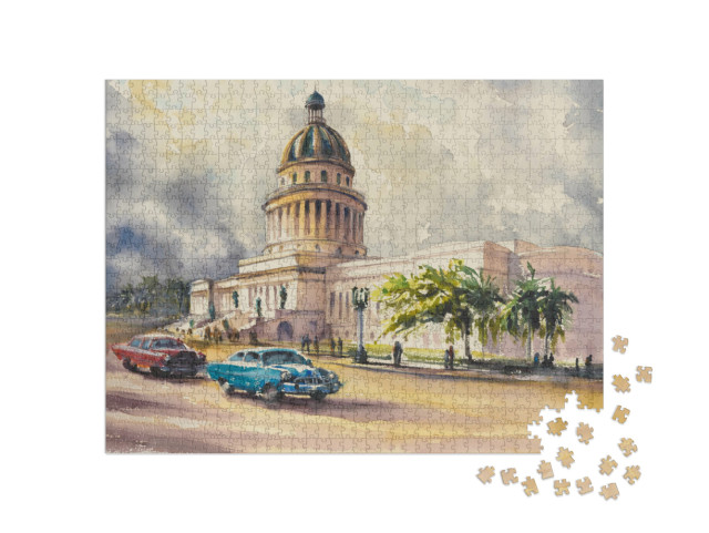 Puzzle 1000 Teile „Alte amerikanische Oldtimer vor dem Capitol, Havanna, Kuba“