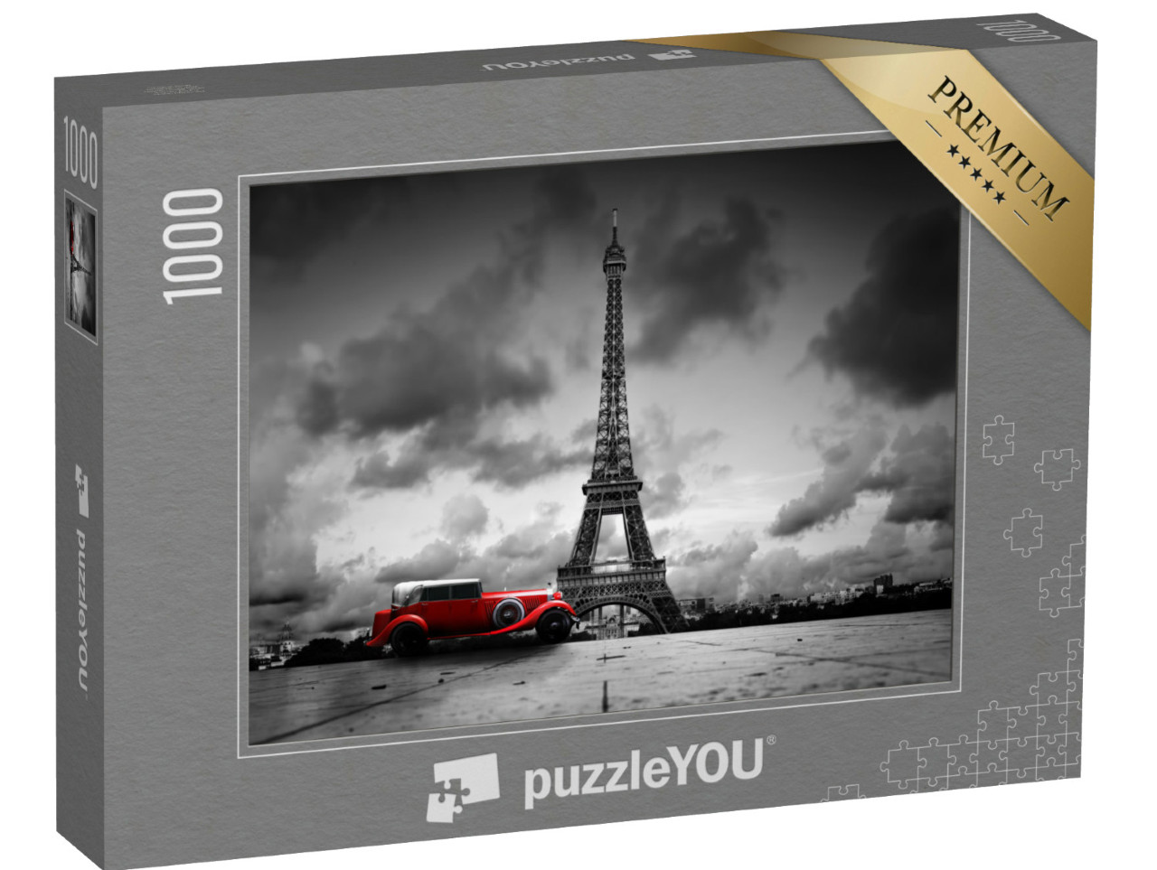 Puzzle 1000 Teile „Künstlerisches Bild vom Eiffelturm mit Retro-Auto in Schwarz-Weiß“