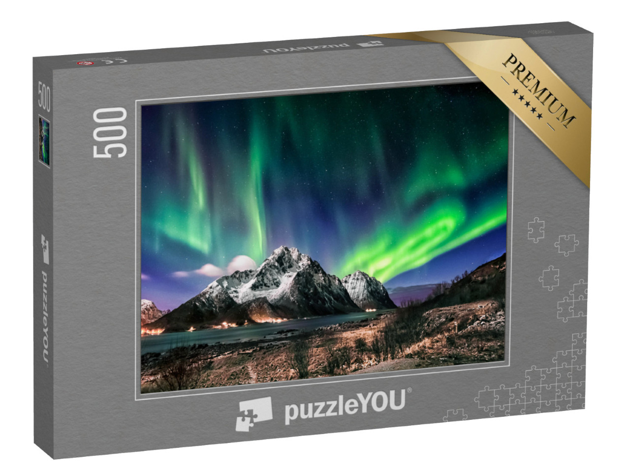 Puzzle 500 Teile „Landschaft der Lofoten: Besuch im Winter mit Polarlicht, Norwegen“