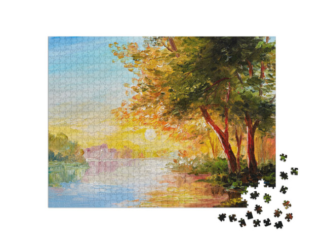 Puzzle 1000 Teile „Ölgemälde: Alte Bäume am Fluss“