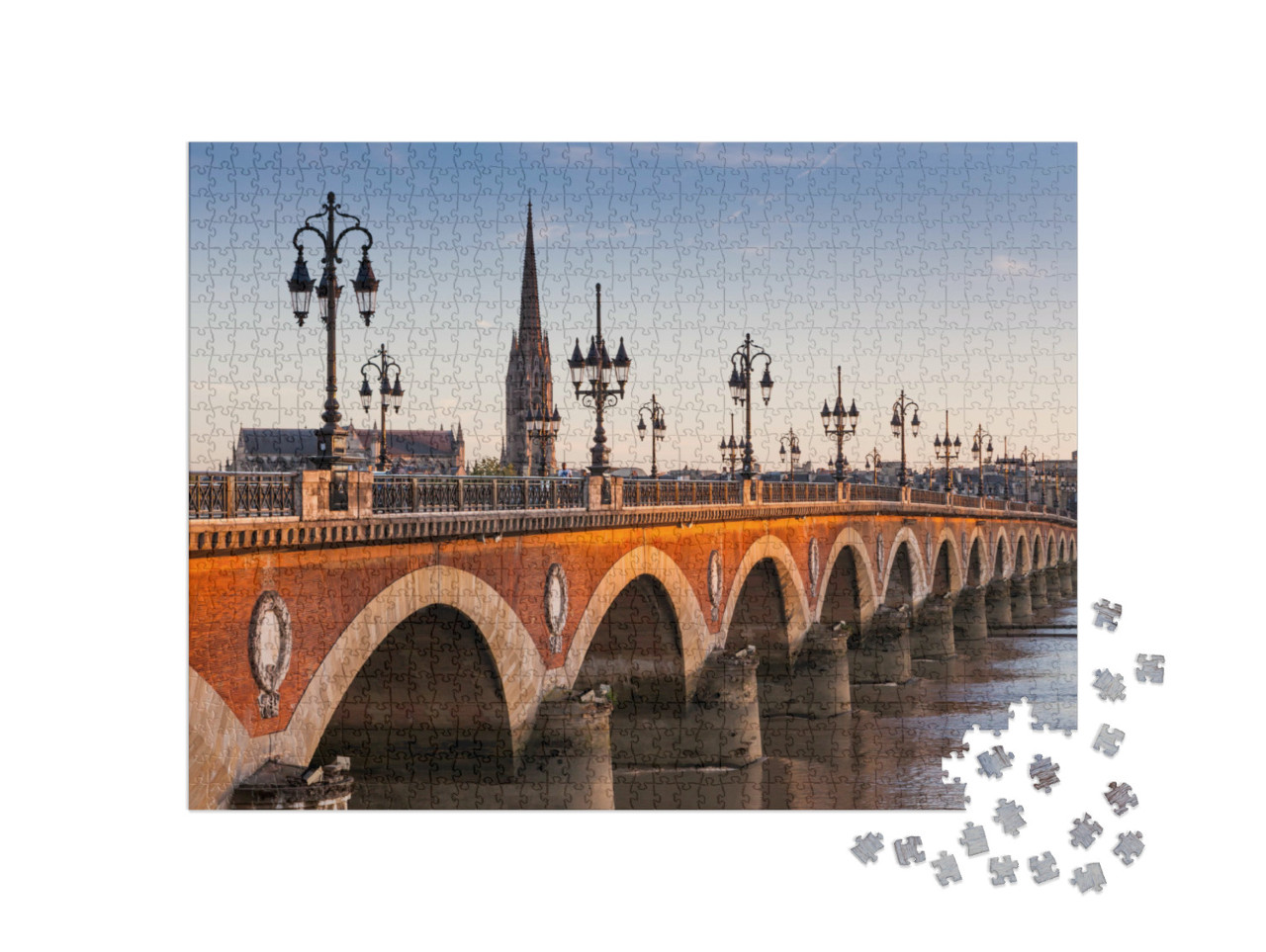 Puzzle 1000 Teile „Blick auf die Pont de pierre bei Sonnenuntergang, Bordeaux, Frankreich“