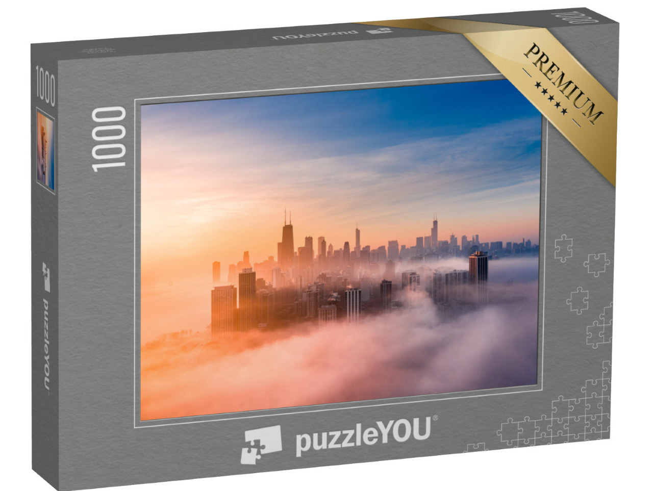 Puzzle 1000 Teile „Nebeliger Sonnenaufgang mit Chicagoer Skyline“