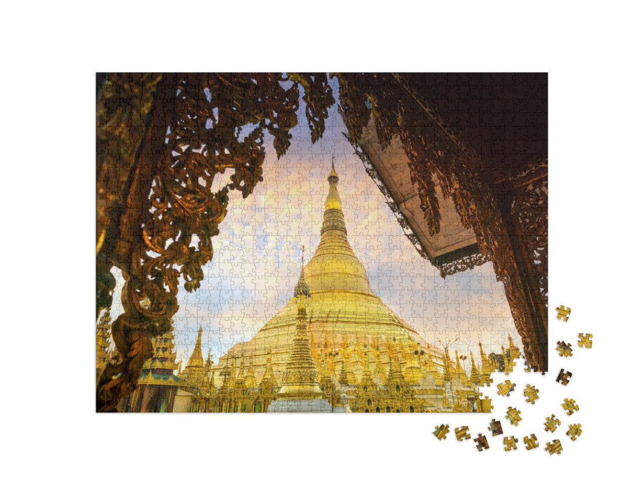 Puzzle 1000 Teile „Mit goldenem Licht überflutete Shwedagon-Pagode in Yangon, Myanmar“