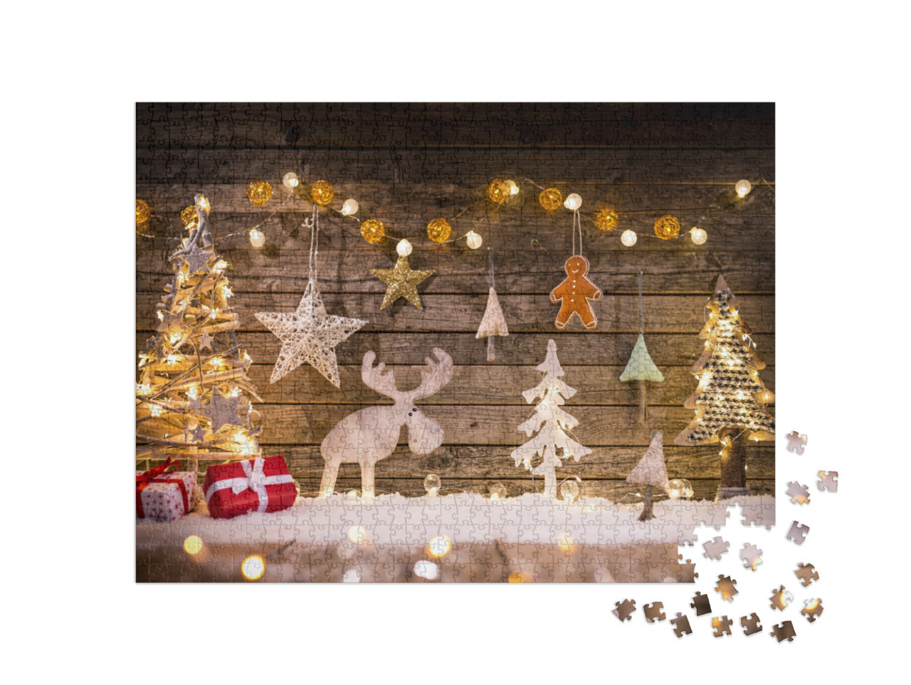 Puzzle 1000 Teile „Weihnachtsdekoration auf hölzernem Hintergrund, Elch, Baum“