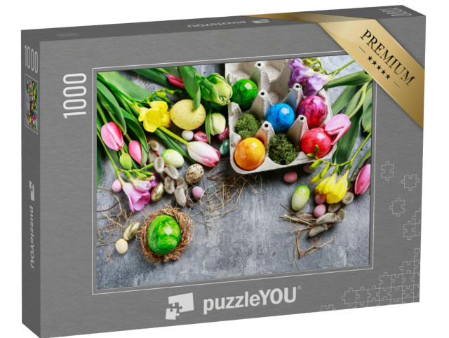 Puzzle 1000 Teile „Bunte Ostereier in einer Eierschachtel und bunten Blumen“