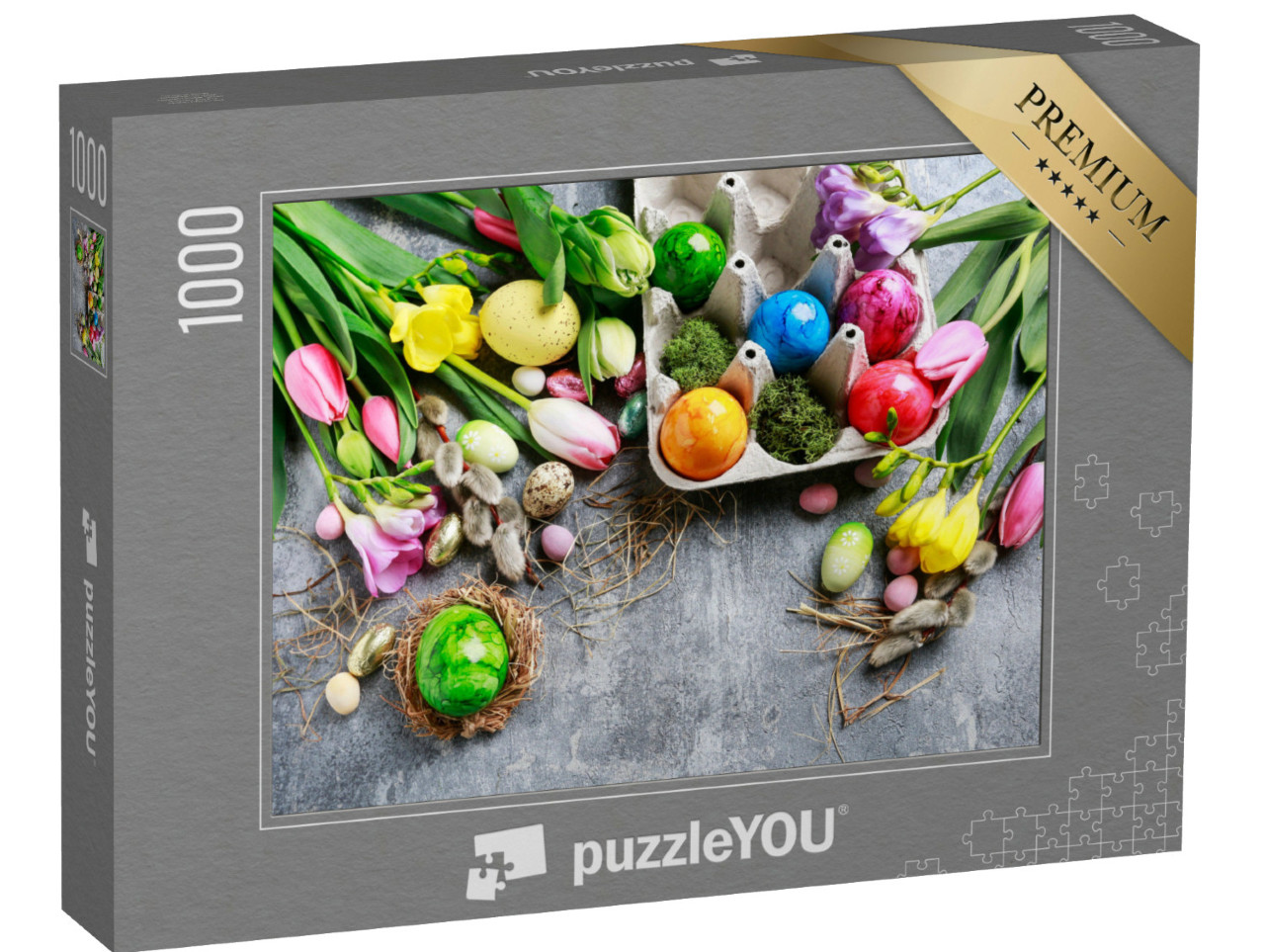 Puzzle 1000 Teile „Bunte Ostereier in einer Eierschachtel und bunten Blumen“