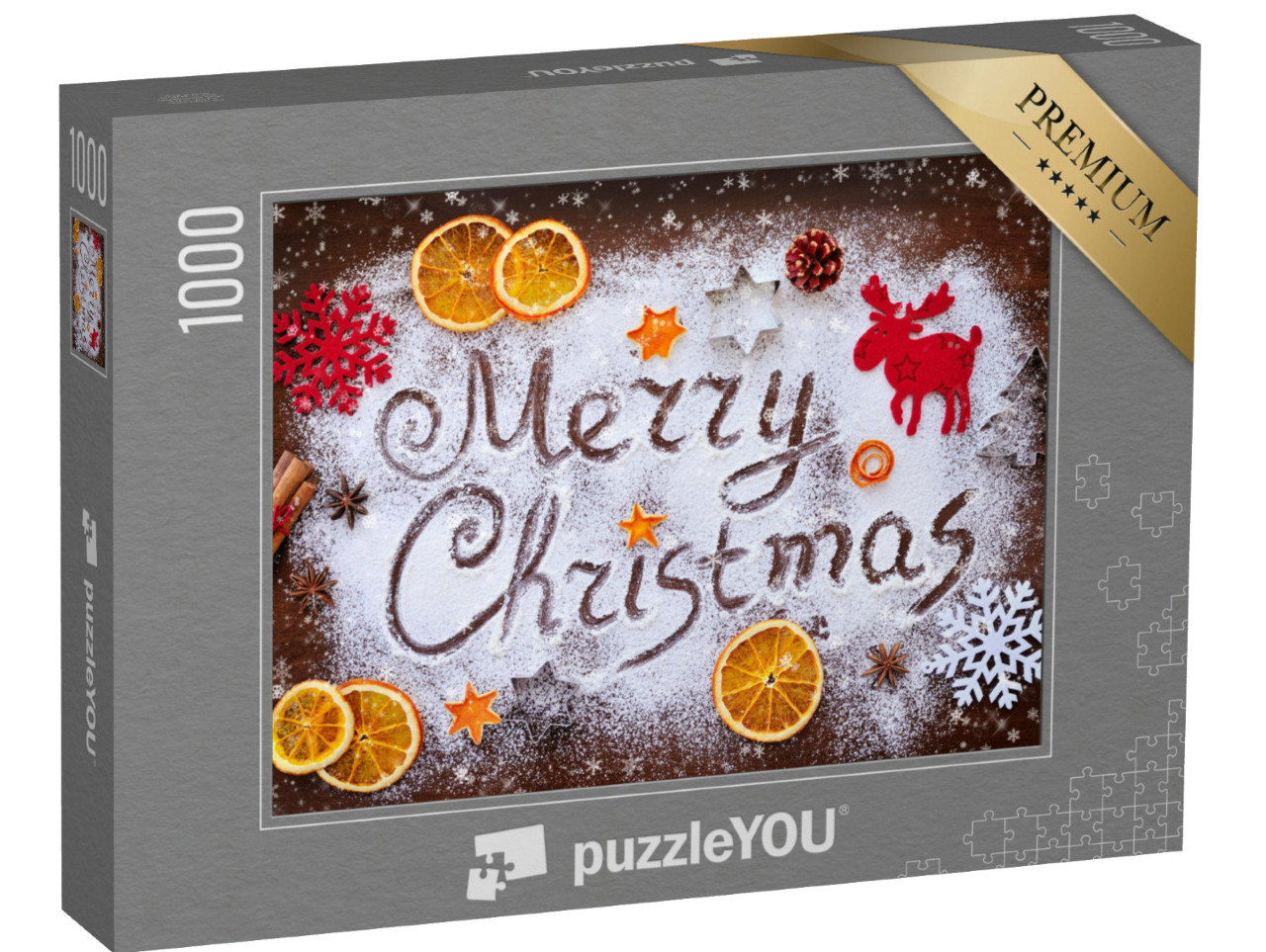 Puzzle 1000 Teile „Fröhliche Weihnachten: Text aus Mehl mit Dekorationen“