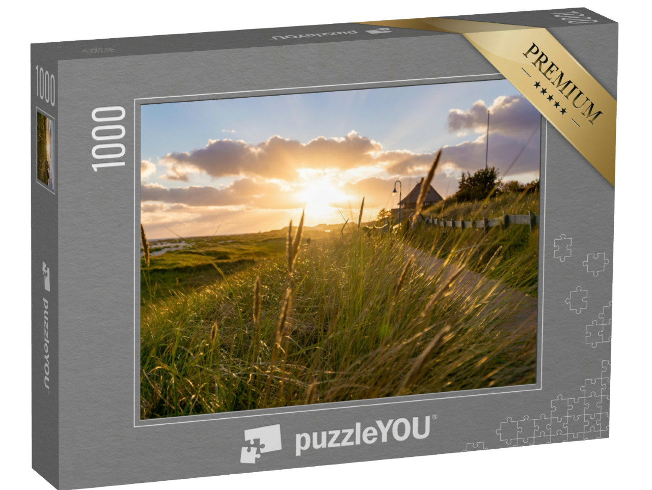Puzzle 1000 Teile „Sonnenuntergang, der durch das Schilf in Amrum Deutschland scheint“