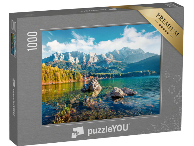 Puzzle 1000 Teile „Sonniger Abend am Eibsee in den bayerischen Alpen“
