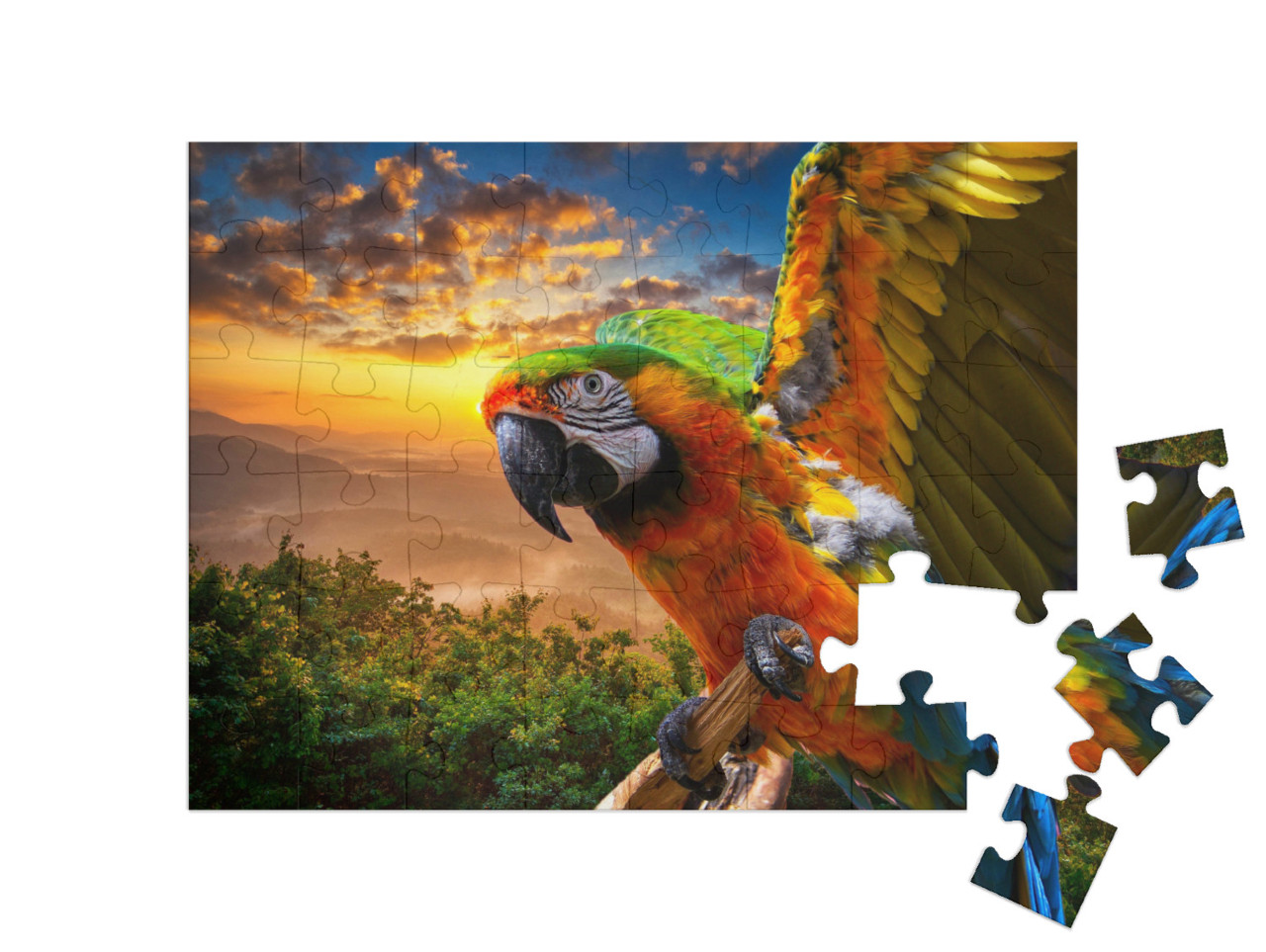 Puzzle 48 Teile „Prächtige Farben der Natur: Ara im Sonnenuntergang“