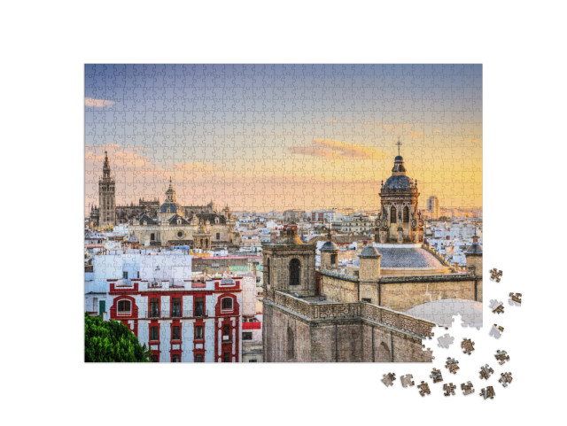 Puzzle 1000 Teile „Sevilla: Skyline der Stadt bei Abenddämmerung“