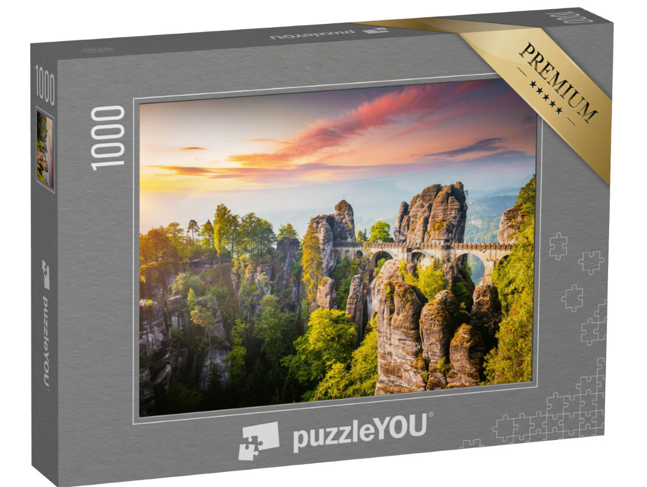 Puzzle 1000 Teile „Elbsandsteingebirge im Abendlicht mit Basteibrücke“