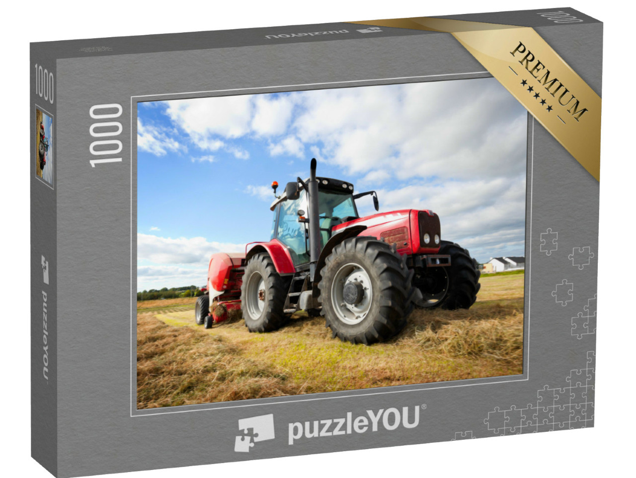 Puzzle 1000 Teile „Großer Traktor sammelt Heuhaufen auf dem Feld“