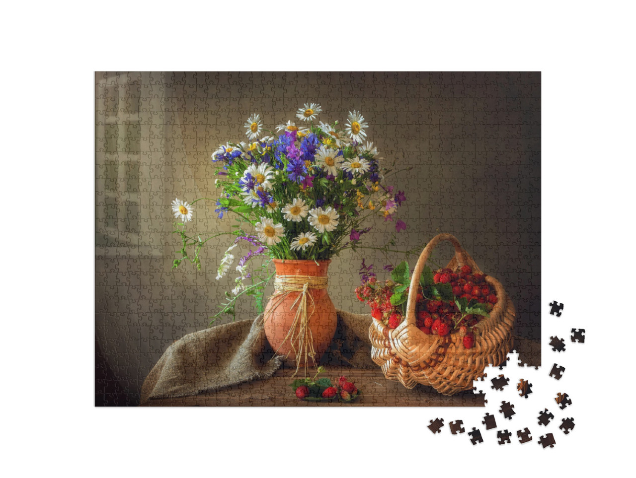 Puzzle 1000 Teile „Stillleben mit Blumen und Walderdbeeren im Korb“
