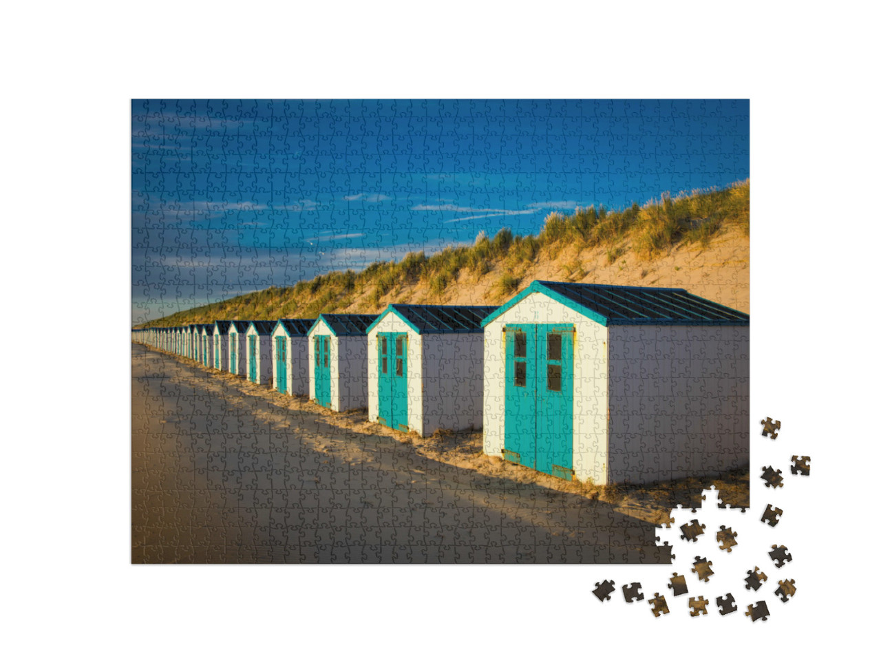 Puzzle 1000 Teile „Kleine Hütten entlang der Dünen in Texel, Niederlande, Europa“