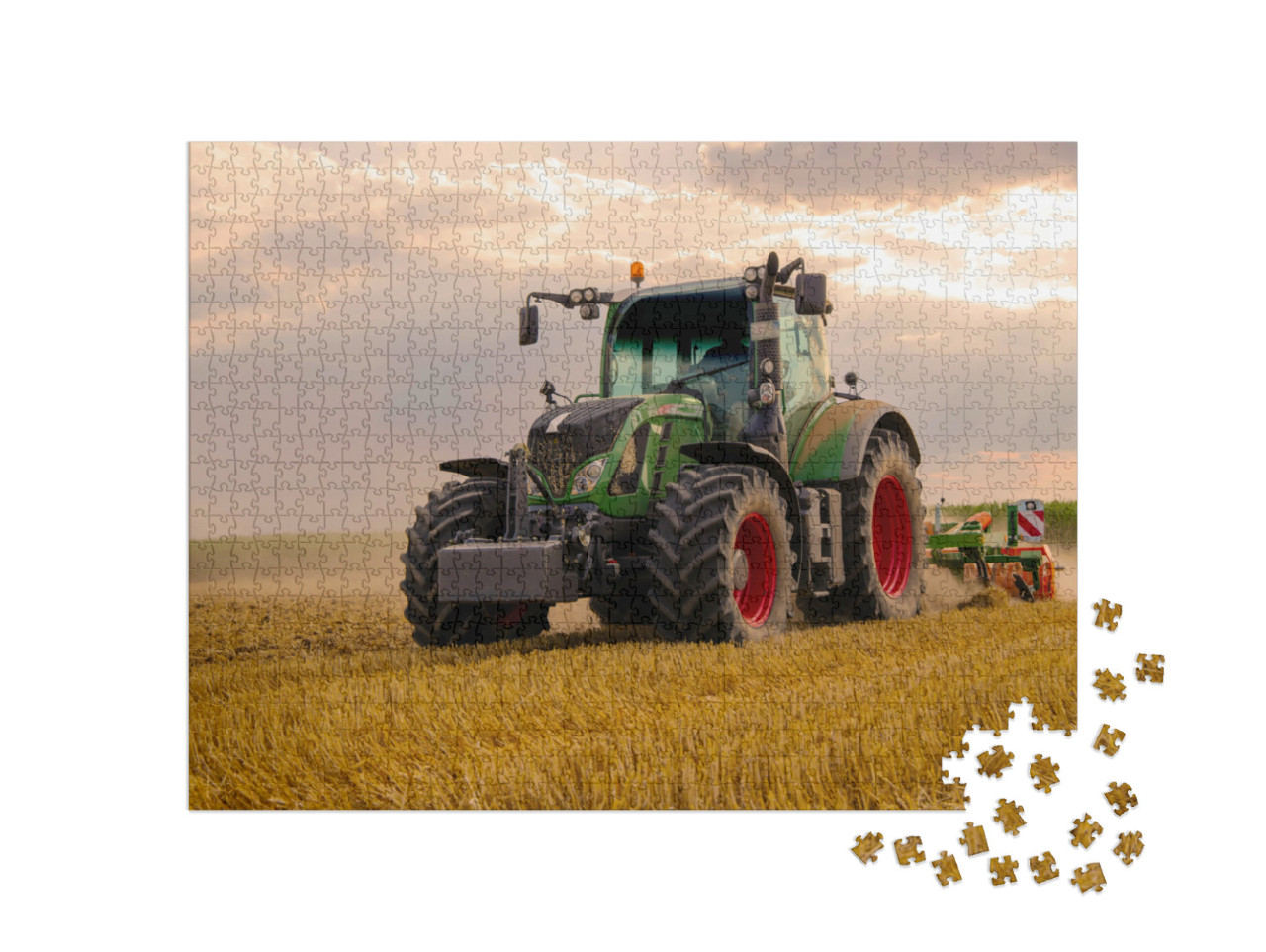 Puzzle 1000 Teile „Grüner Traktor pflügt ein Getreidefeld “