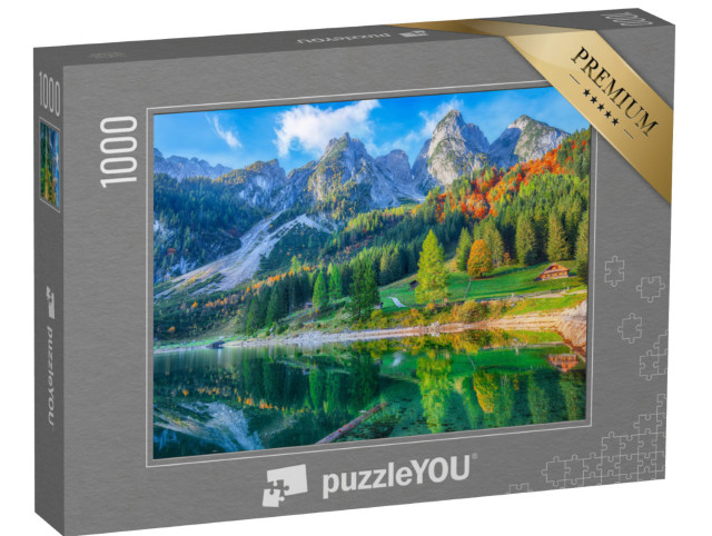 Puzzle 1000 Teile „Bunte Herbstlandschaft mit Dachsteingipfel am Gosausee, Oberösterreich“