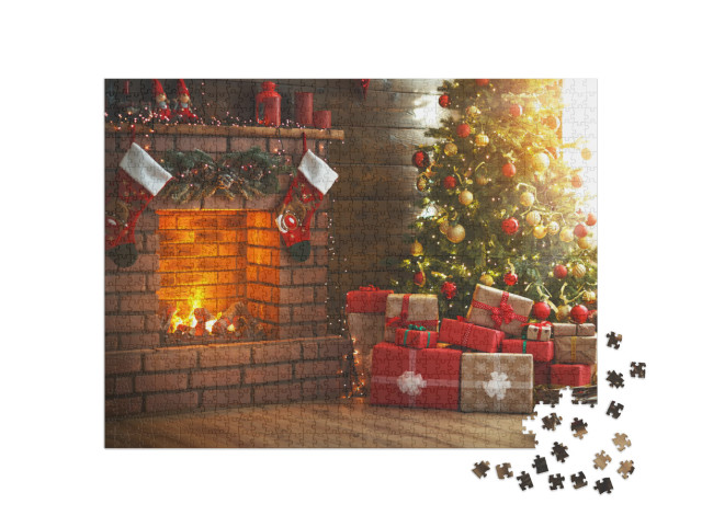 Puzzle 1000 Teile „Weihnachtszimmer, Tannenbaum, Kamin und Geschenke“