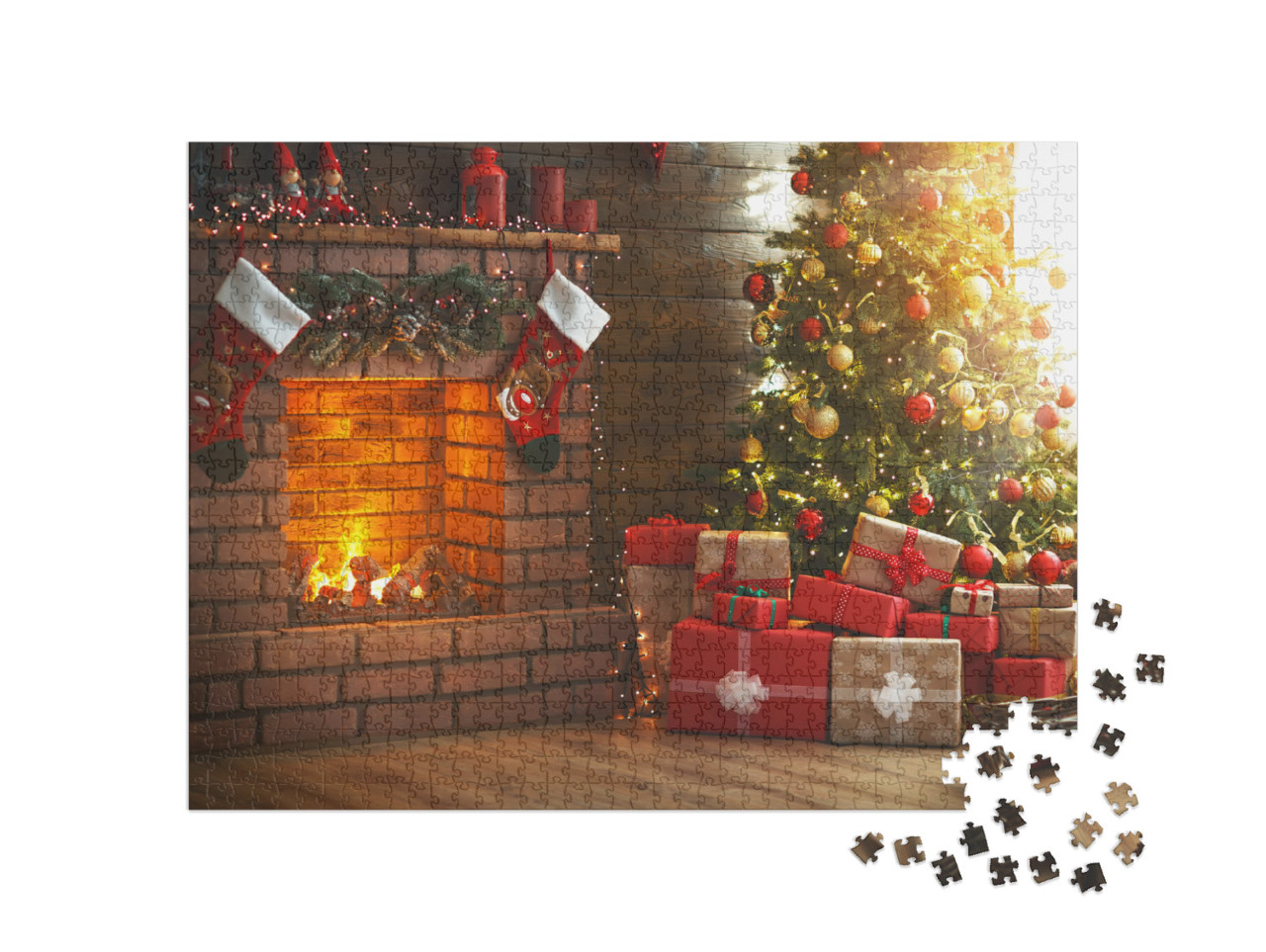 Puzzle 1000 Teile „Weihnachtszimmer, Tannenbaum, Kamin und Geschenke“