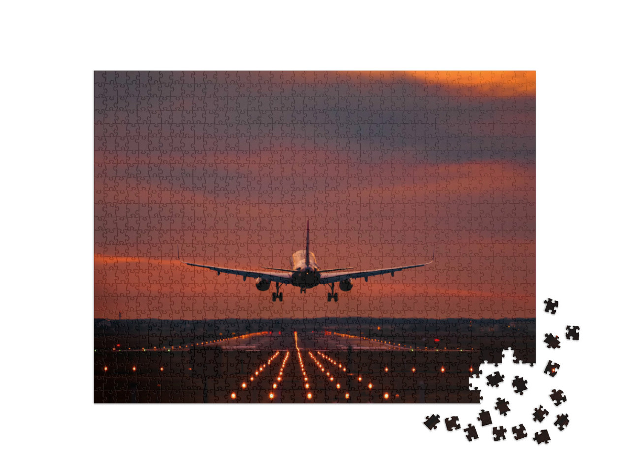 Puzzle 1000 Teile „Landeanflug im Sonnenuntergang auf dem Flughafen Otopeni“