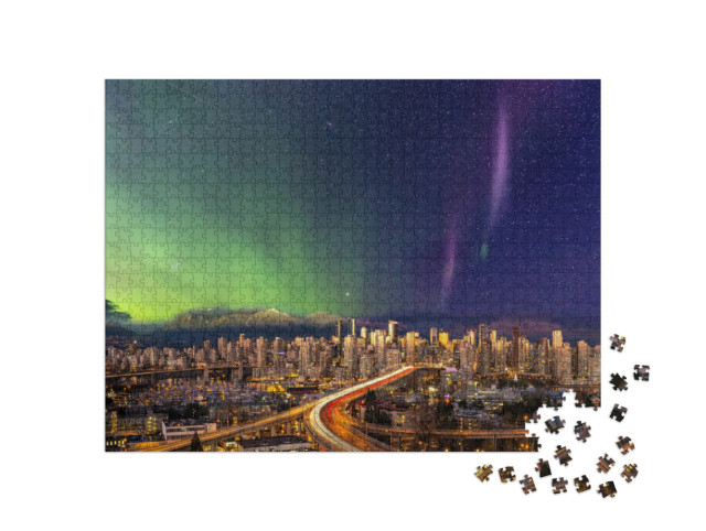 Puzzle 1000 Teile „Das Stadtzentrum von Vancouver mit Polarlicht“