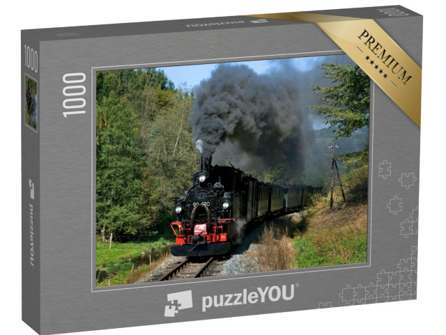 Puzzle 1000 Teile „Nostalgische Zugfahrt zwischen Steinbach und Jöhstadt, Sachsen, Deutschland“